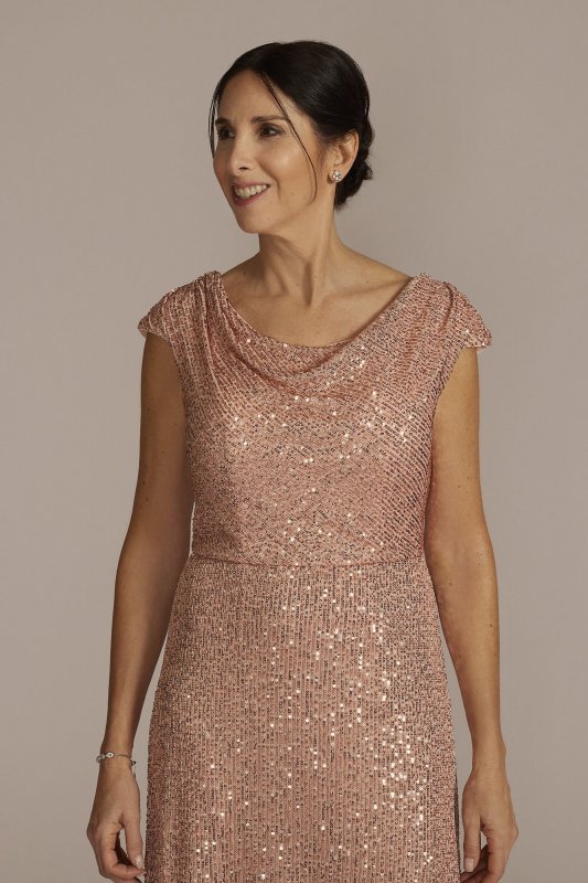 Cowl Neck Cap Sleeve Allover Sequin Gown D40NY22218V1