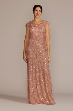 Cowl Neck Cap Sleeve Allover Sequin Gown D40NY22218V1