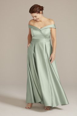 Plus Size Off-the-Shoulder Pleated Satin A-Line D40NY22242W