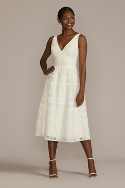 Midi-Length Lace V-Neck Dress with Banded Trim SDWG1083