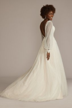 Long Sleeve Pearl Tulle Low Back Wedding Gown SLCWG889
