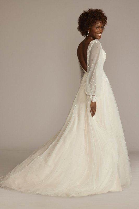 Long Sleeve Pearl Tulle Low Back Wedding Gown SLCWG889
