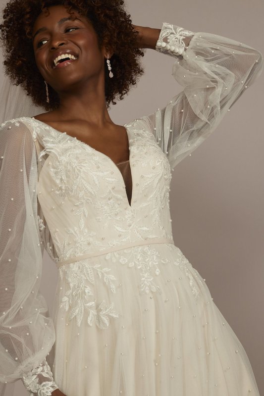 Long Sleeve Pearl Tulle Low Back Wedding Gown SLCWG889