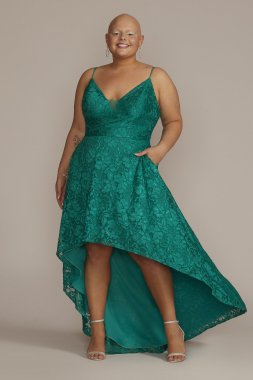 Plus Lace Spaghetti Strap Plunging High-Low Dress WBM2400V5W
