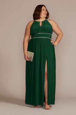 Plus Halter Jersey Knit Gown with Rhinestone Waist WBM2411V6W