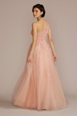 Embroidered 3D Floral One Shoulder Tulle A-Line WBM2869