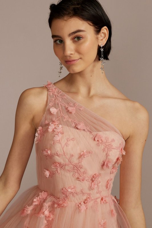 Embroidered 3D Floral One Shoulder Tulle A-Line WBM2869