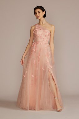 Embroidered 3D Floral One Shoulder Tulle A-Line WBM2869