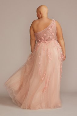 Plus Size 3D Floral One Shoulder Tulle A-Line WBM2869W