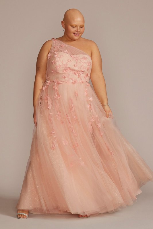 Plus Size 3D Floral One Shoulder Tulle A-Line WBM2869W