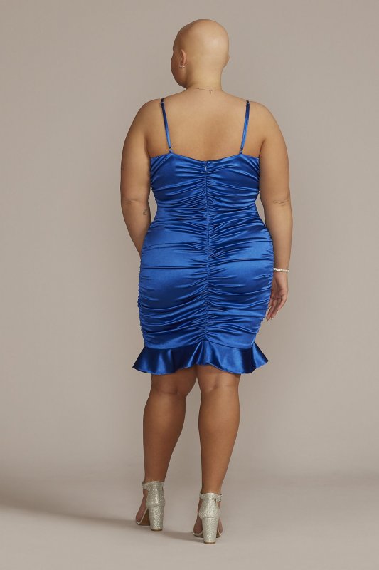 Plus Size Ruched Satin Mini Dress with Ruffled Hem WBM2912W