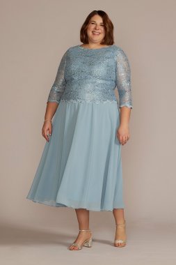 Plus Tea Length Lace and Chiffon Mock Two-Piece WBM2969W