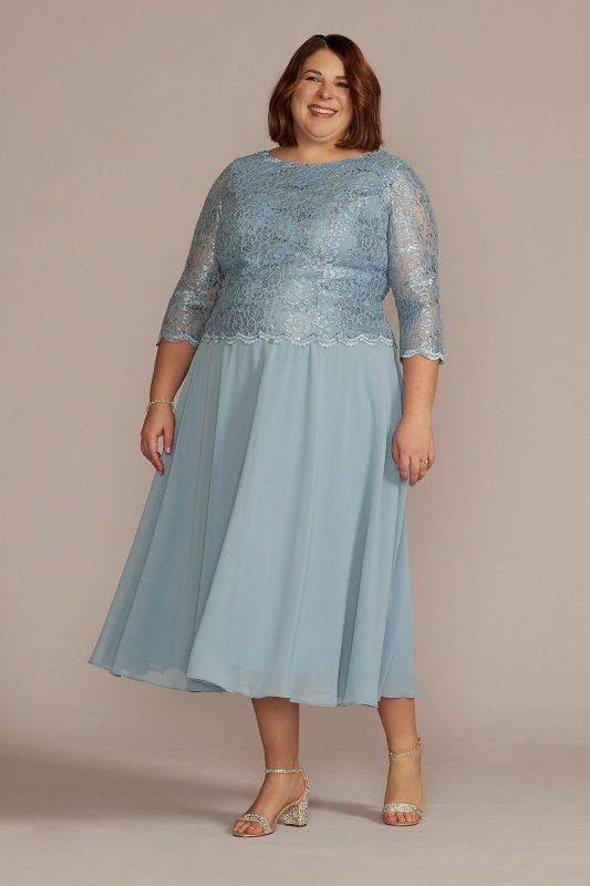Plus Tea Length Lace and Chiffon Mock Two-Piece WBM2969W
