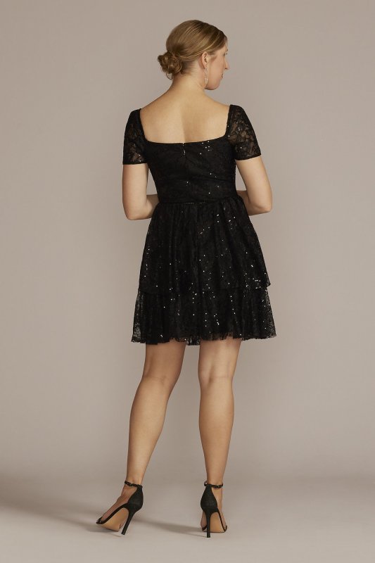 Short Sleeve Illusion Lace Tiered Ruffle Dress WBM2996