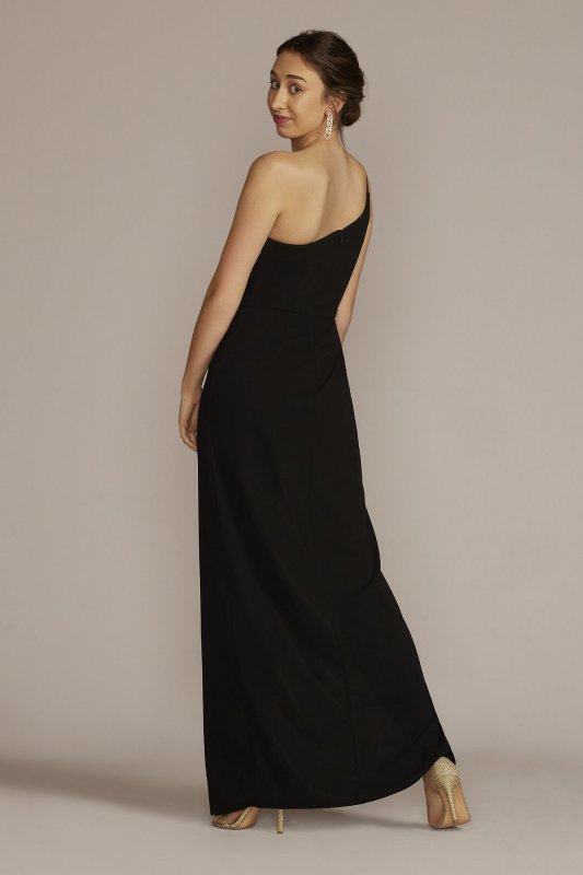 One-Shoulder Crepe Sheath with Cascade Ruffle WBM3009V3