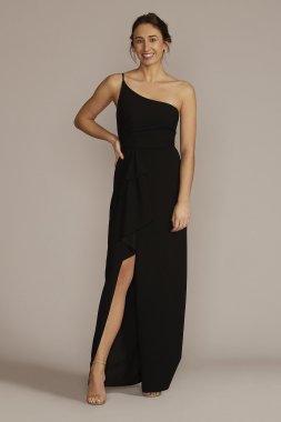 One-Shoulder Crepe Sheath with Cascade Ruffle WBM3009V3