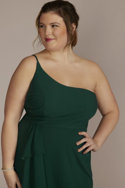 Plus Size One-Shoulder Crepe Sheath with Cascade WBM3009V3W