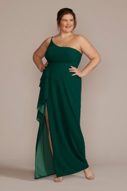 Plus Size One-Shoulder Crepe Sheath with Cascade WBM3009V3W