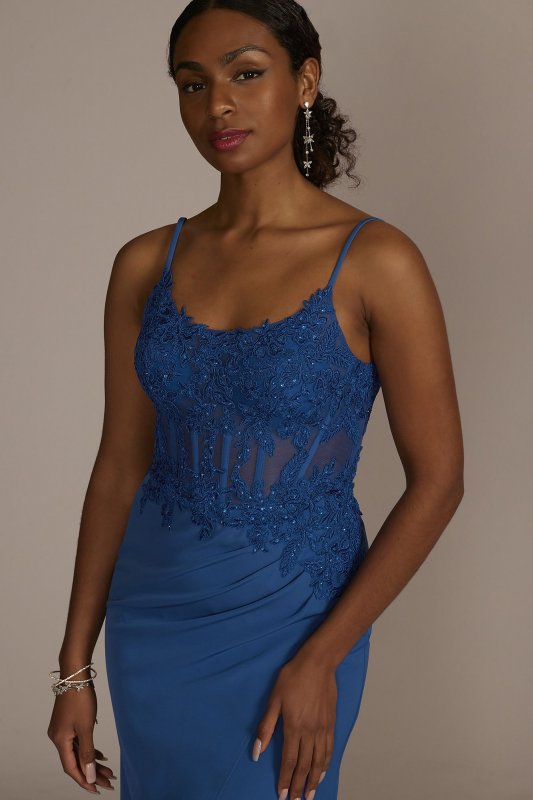 Sheath Crepe Gown with Embellished Corset Bodice WBM3017