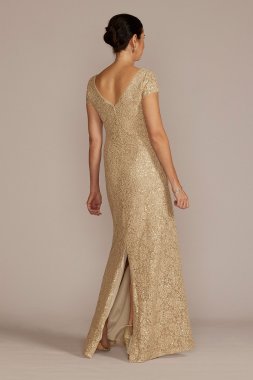 Short Sleeve Sequin Lace Sheath Gown WBM3124