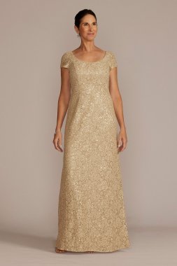 Short Sleeve Sequin Lace Sheath Gown WBM3124
