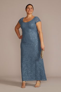 Plus Size Short Sleeve Sequin Lace Sheath Gown WBM3124W