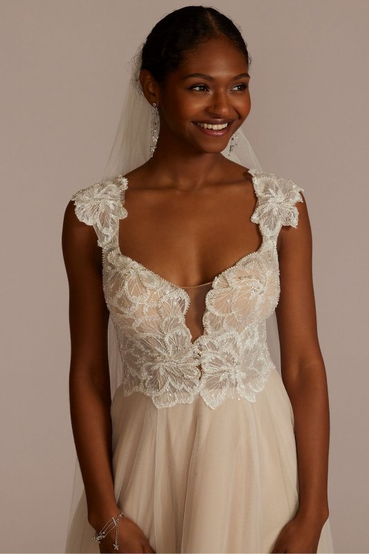 Floral Applique Cap Sleeve Wedding Gown WG4065