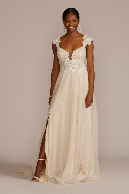 Floral Applique Cap Sleeve Wedding Gown WG4065