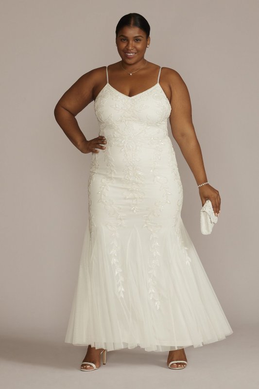 Floral Beaded Sheath Plus Size Wedding Dress 9WGIN5113