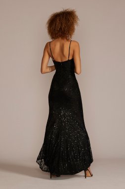 Illusion Deep-V Sparkle Lace Sheath Gown D21NY22156V1