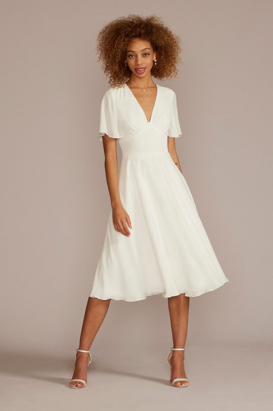 Chiffon Flutter Sleeve Tea-Length Dress SDWG1047