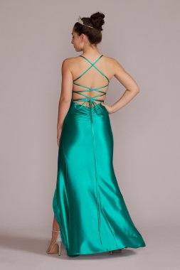 Stretch Satin Scoop Neck Sheath with Slit WBM2891
