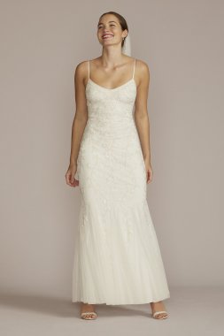 Allover Floral Beaded Godet Sheath Wedding Dress WGIN5113