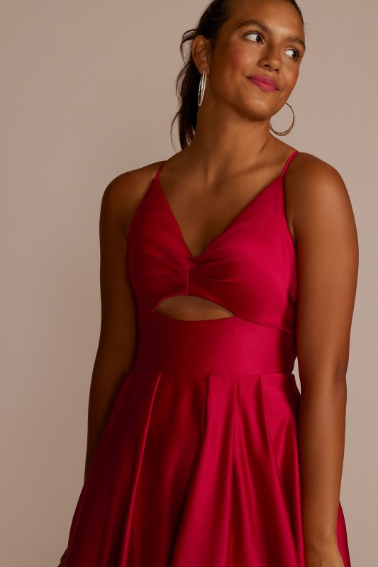 Long V-Neck Satin Ball Gown with Bodice Cutout 3803BN