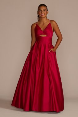 Long V-Neck Satin Ball Gown with Bodice Cutout 3803BN