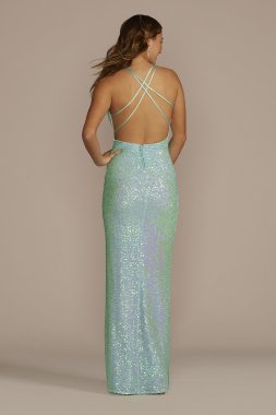 Spaghetti Strap V-Neck Sequin Sheath with Slit 8956DG1D