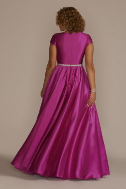 Cap Sleeve Satin Ball Gown with Embellished Waist D24NY22621