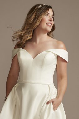 Off the Shoulder Satin Tea-Length Wedding Dress MIDWG3979