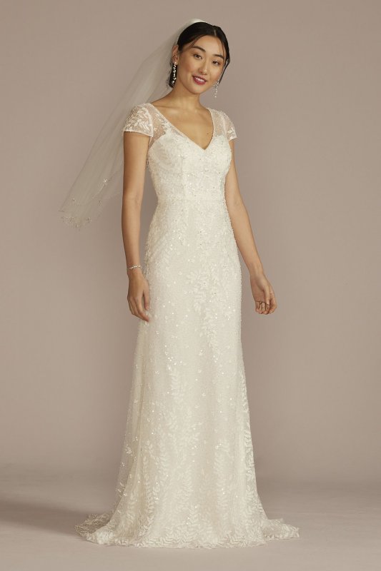 Cap Sleeve V-Neck Beaded Lace Sheath Wedding Dress MS251268