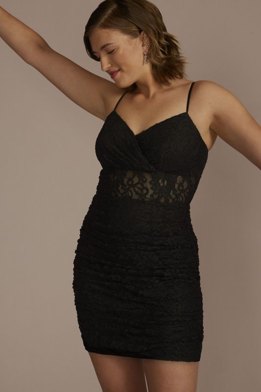 V-Neck Lace Mini Dress with Illusion Waist WBM3216