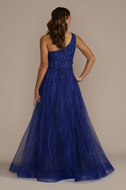 One-Shoulder Glitter Tulle 3D Floral Ball Gown WBM3495