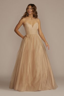 Lace-Up Glitter Tulle V-Neck Ball Gown WBM3562