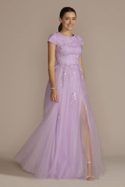 Cap Sleeve Embroidered Lace Tulle Ball Gown WBM3735