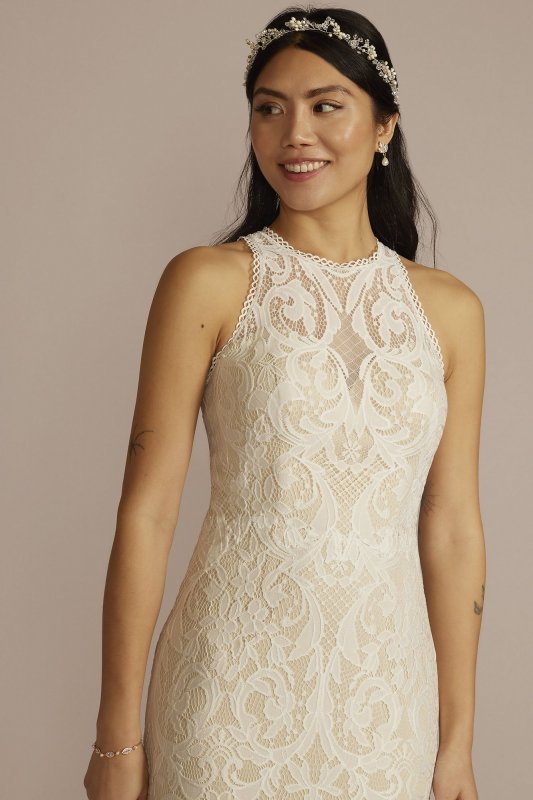 Halter Neck Button Back Allover Lace Wedding Dress WG4091