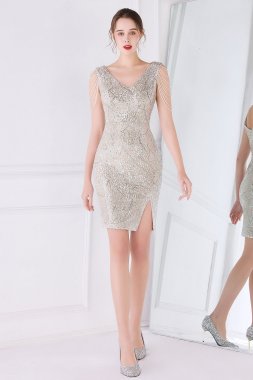 Apricot Sequins Cocktail Dress with Fringes E202283183