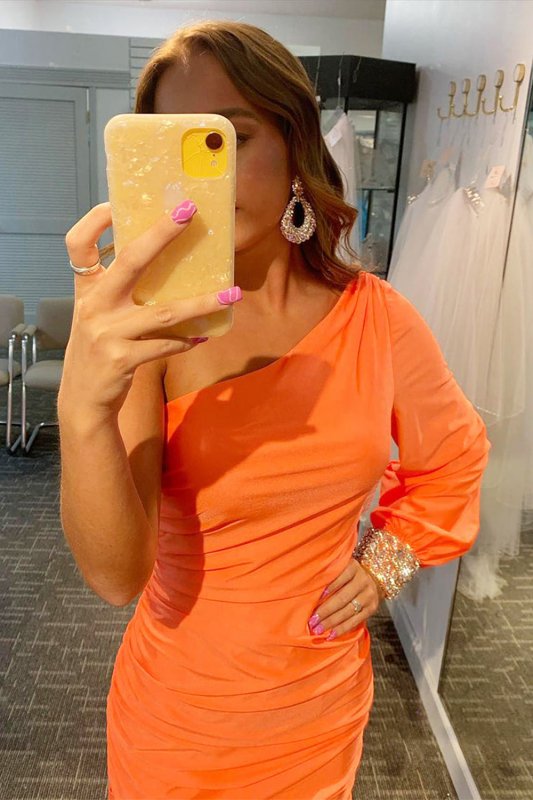 Tight Fuchsia Ruched Homecoming Dress with Sleeves E202283177