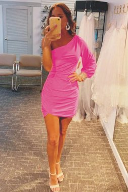 Tight Fuchsia Ruched Homecoming Dress with Sleeves E202283177