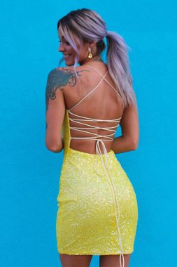 Tight Yellow Sequins Homecoming Dress E202283174