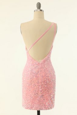 Pink One Shoulder Sequins Tight Homecoming Dress E202283188