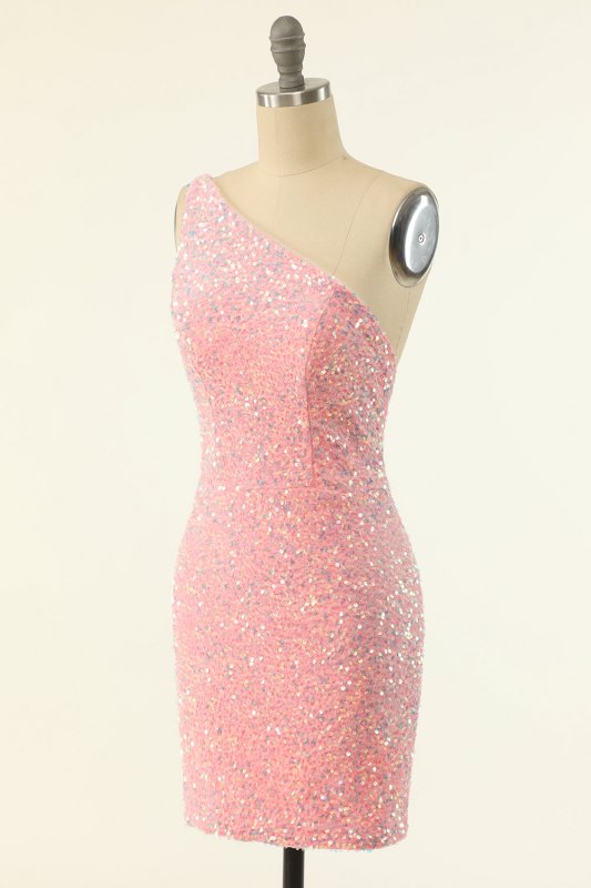 Pink One Shoulder Sequins Tight Homecoming Dress E202283188